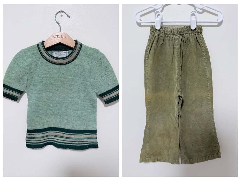 Vintage 1970s Boys Short Sleeve Knit Top Green Striped Trim